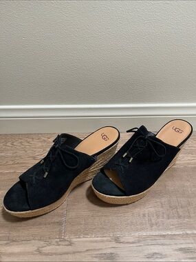 UGG Black Suede Espadrille Wedge Slides with Lace-Up Accents